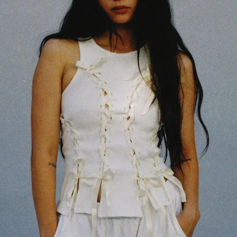 Aesthetic Bow Bandage Ribbed Crop Top