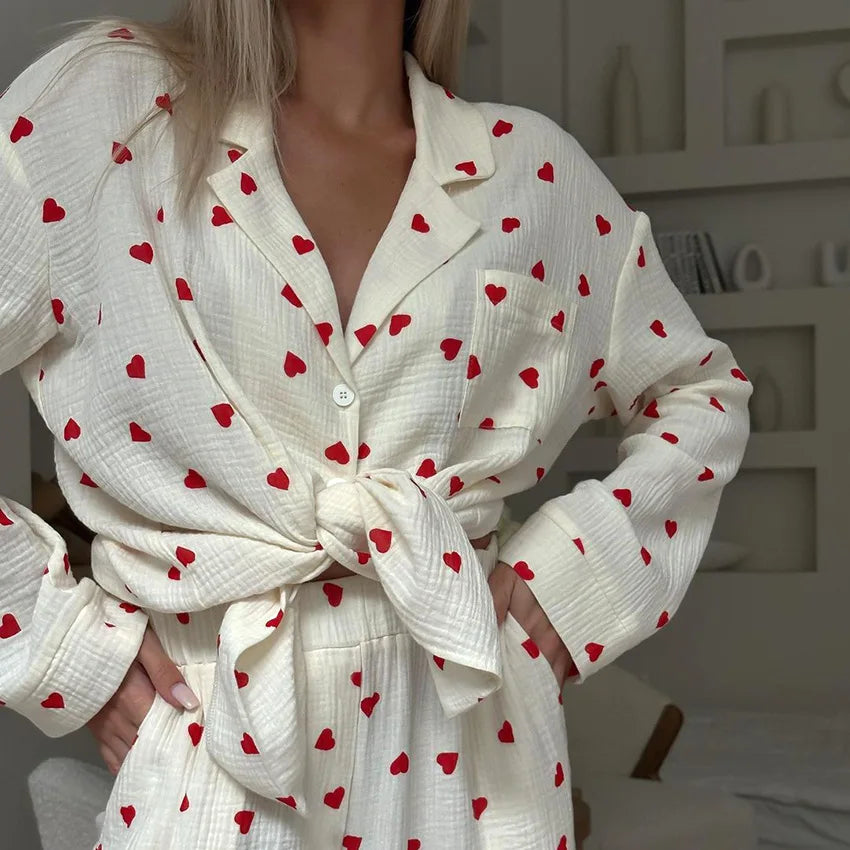 Women Cotton Pajama Set with Hearts