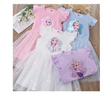 Girls summer dresses featuring Disney princess designs, available in four colors: pink, white, blue, and purple.