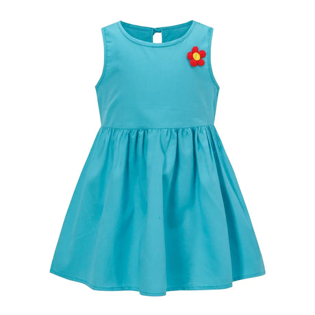 Turquoise sleeveless vest dress for girls featuring a colorful flower decoration, perfect for spring and summer wear.