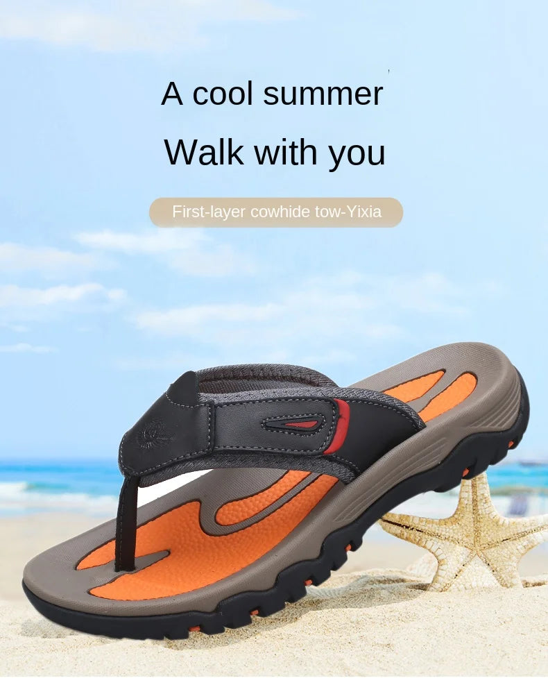 Men Cow Leather Beach Flip Flops Sandals