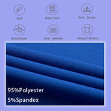 Close-up of fabric showing 95% polyester and 5% spandex features: soft, breathable, easy care, anti-wrinkle, natural stretch.
