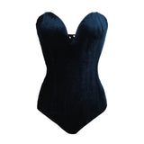 Velvet strapless lace-up bodysuit in navy, perfect for nightwear, featuring a slim fit design and medium stretch.