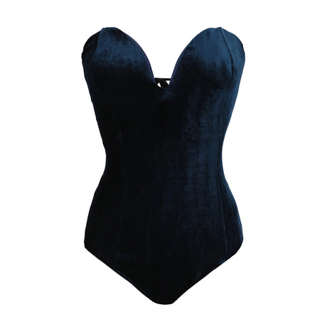 Velvet strapless lace-up bodysuit in navy, perfect for nightwear, featuring a slim fit design and medium stretch.
