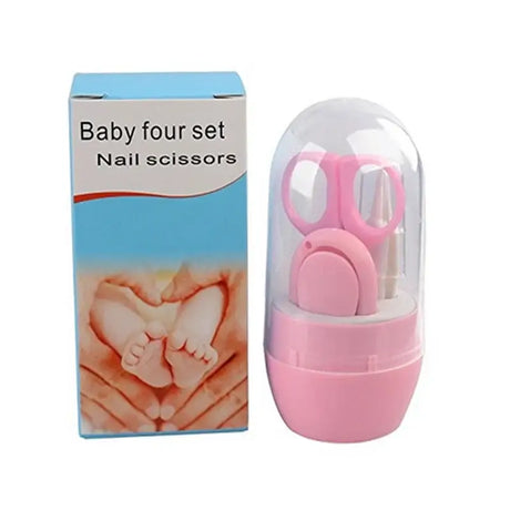 Newborn baby nail scissors in pink packaging, safe for infants, designed for easy grooming of tiny nails.