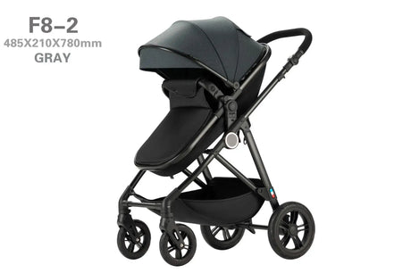 High-view four-wheel baby stroller model F8-2 in gray, designed for children 0-3 years, foldable with a 20kg weight capacity.