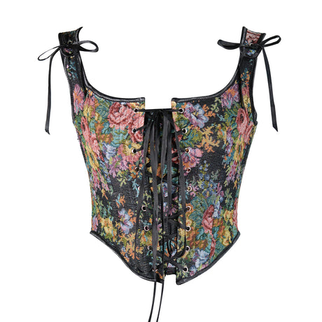 Retro corset cropped camisole top with floral pattern and lace-up front, perfect for summer parties.