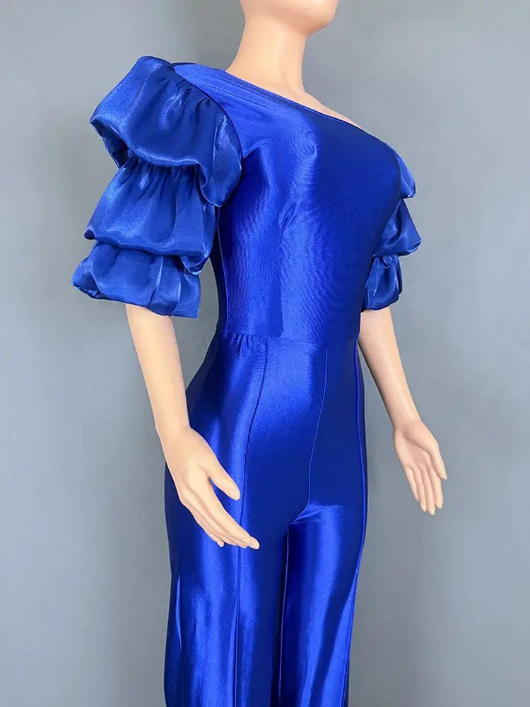 Women Satin Puff Sleeve Party Jumpsuit