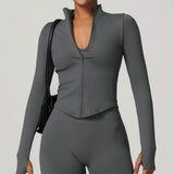 Ribbed Women's Yoga Jacket – Long Sleeve Standing Collar Fitness Top