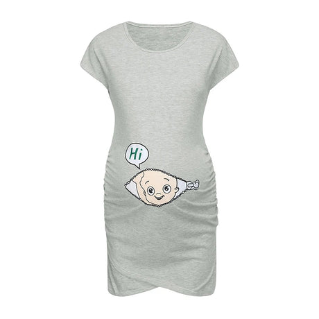 Loose casual maternity dress for plus size women, featuring a cute cartoon design on a gray fabric.