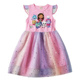 Baby girls dress featuring cartoon characters with a colorful mesh skirt, perfect for summer playtime.