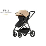 High-view four-wheel baby stroller model F8-2 in khaki color with a modern design, suitable for infants and toddlers.