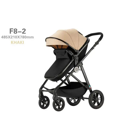 High-view four-wheel baby stroller model F8-2 in khaki color with a modern design, suitable for infants and toddlers.