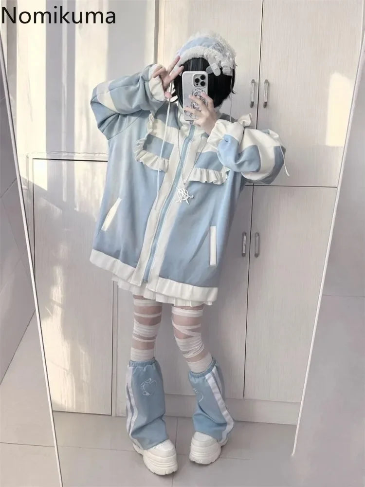 Japanese Patchwork Oversized Women's Coat – Y2K Lolita Ruffle Jacket