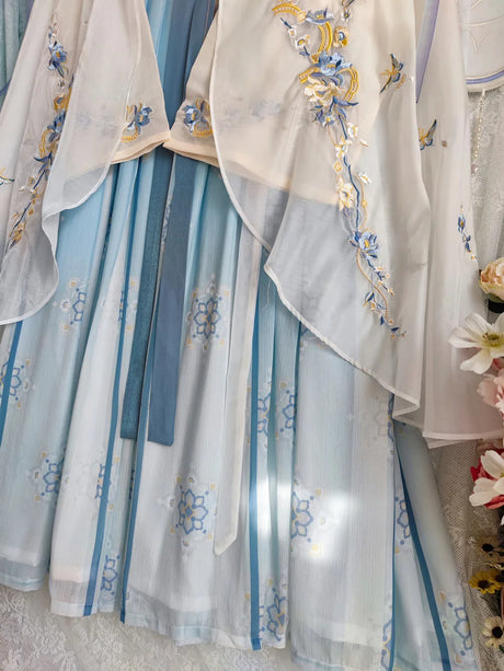 Close-up of Women’s Fairy Hanfu costume featuring delicate blue floral embroidery and layered design.