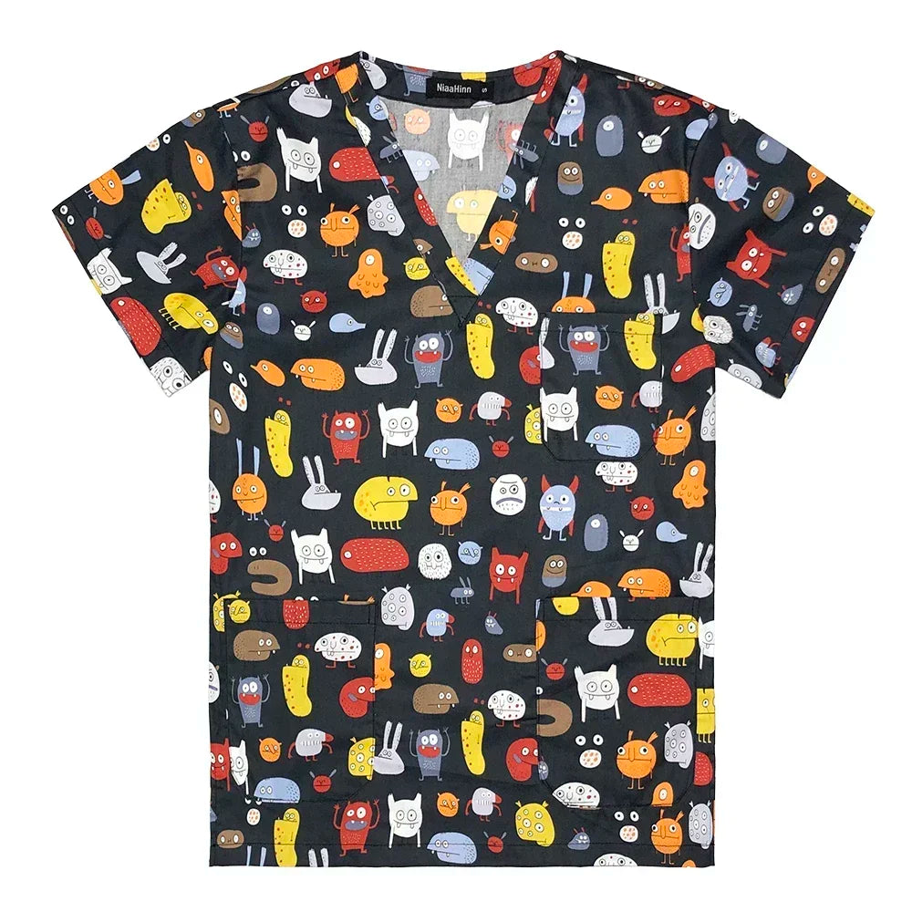 Women’s hospital nurse scrubs with colorful animal and cartoon prints on a breathable cotton fabric.