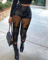 Women Mesh PU Leather Skinny Pants