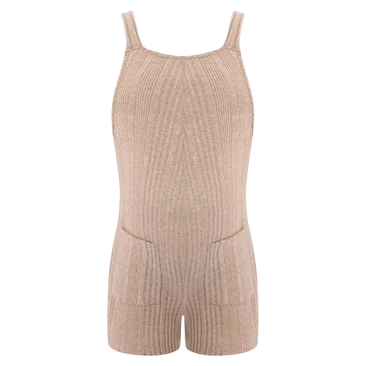 Sleeveless ribbed maternity jumpsuit in natural color, designed for comfort and style during summer.