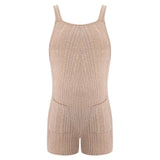 Sleeveless ribbed maternity jumpsuit in natural color, designed for comfort and style during summer.