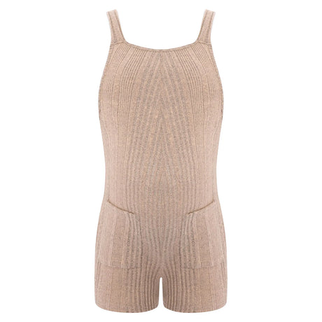 Sleeveless ribbed maternity jumpsuit in natural color, designed for comfort and style during summer.