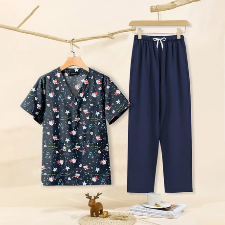 Cartoon print dental scrubs set for women, featuring a V-neck top and comfortable pants, ideal for pet grooming workwear.