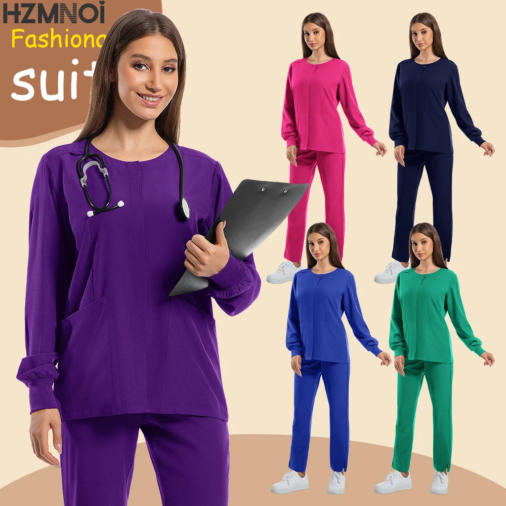 Women’s long sleeve jogging style surgery scrubs in multiple colors with pockets and a stethoscope.