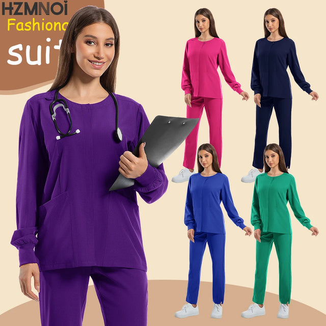 Women’s long sleeve jogging style surgery scrubs in multiple colors with pockets and a stethoscope.