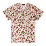 Women’s cotton nurse scrubs featuring festive Santa Claus print, perfect for holiday-themed medical uniforms.