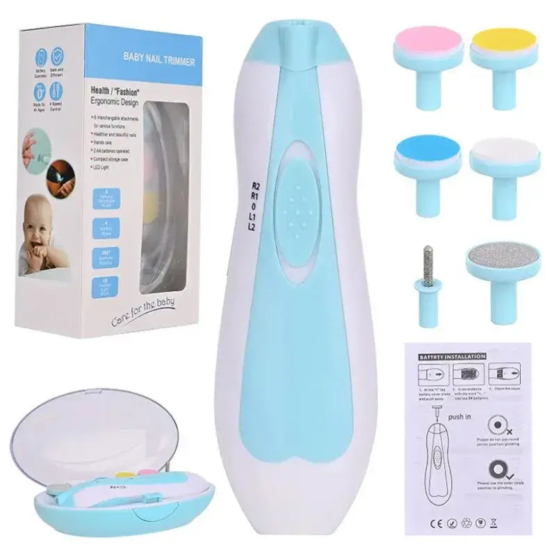 Baby electric nail trimmer set with multiple attachments and ergonomic design for safe nail care.