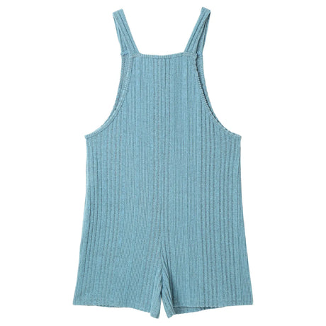 Sleeveless ribbed maternity jumpsuit in blue, made from cotton and spandex for casual summer wear.