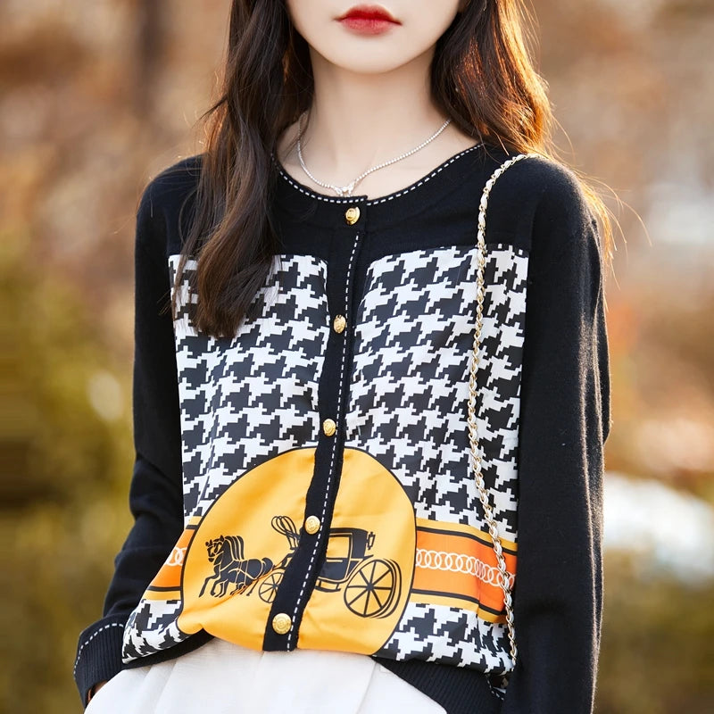 Women's Printed Stitching Wool Cardigan