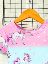 Colorful unicorn dress for girls, featuring vibrant unicorn prints on a pink and blue background, perfect for summer.