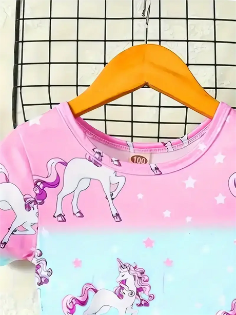 Colorful unicorn dress for girls, featuring vibrant unicorn prints on a pink and blue background, perfect for summer.