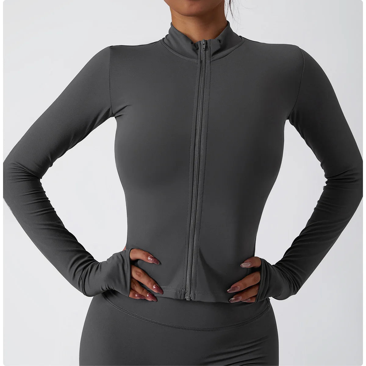 Women's Zip Long Sleeve Yoga Jacket – Slim Fit Gym Training Top