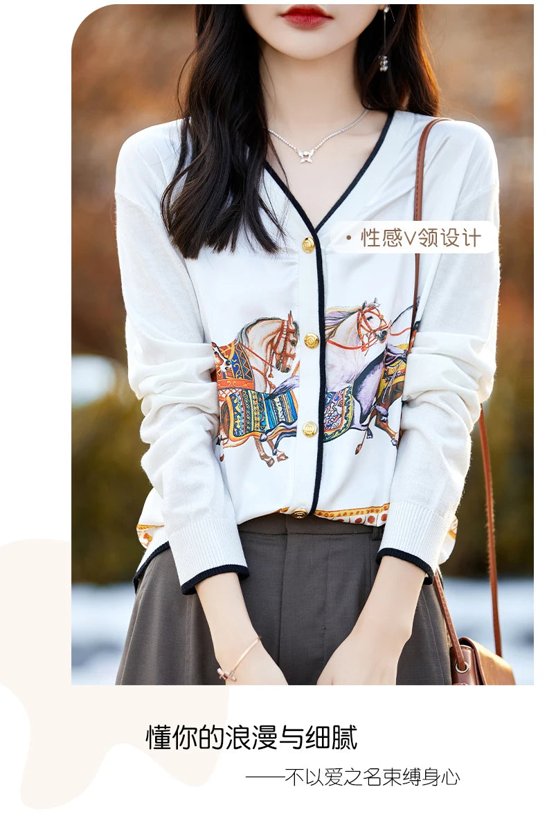 Women's Printed Stitching Wool Cardigan