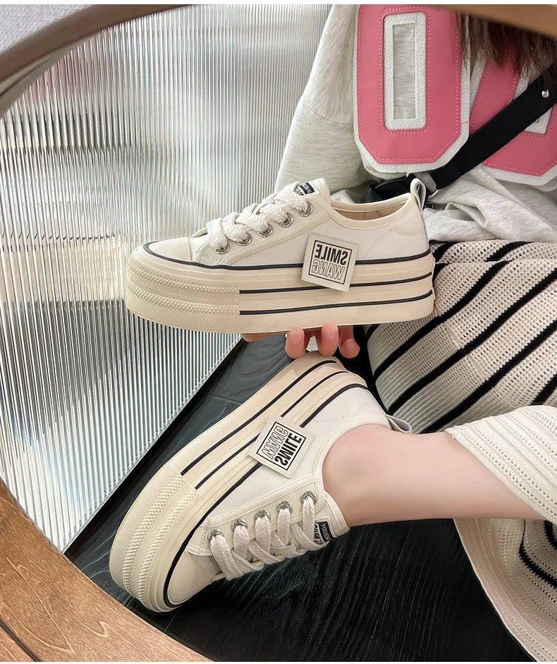 Women Canvas Shoes Black White Platform Sneakers
