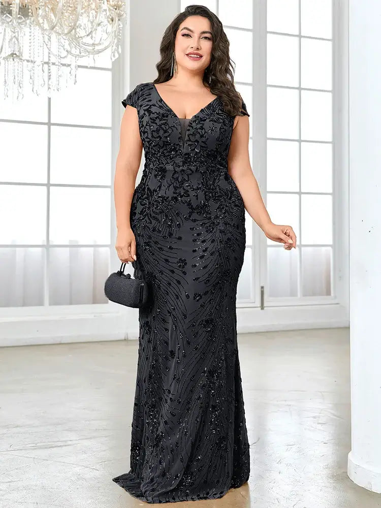 Women Plus Size Mermaid Sequin Formal Prom Dress