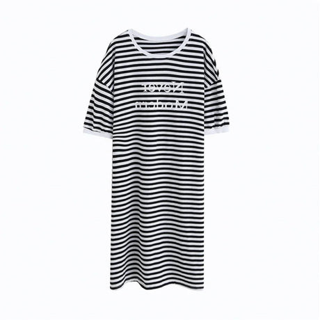 Striped maternity dress in black and white, loose fit with boat neck, perfect for summer wear.
