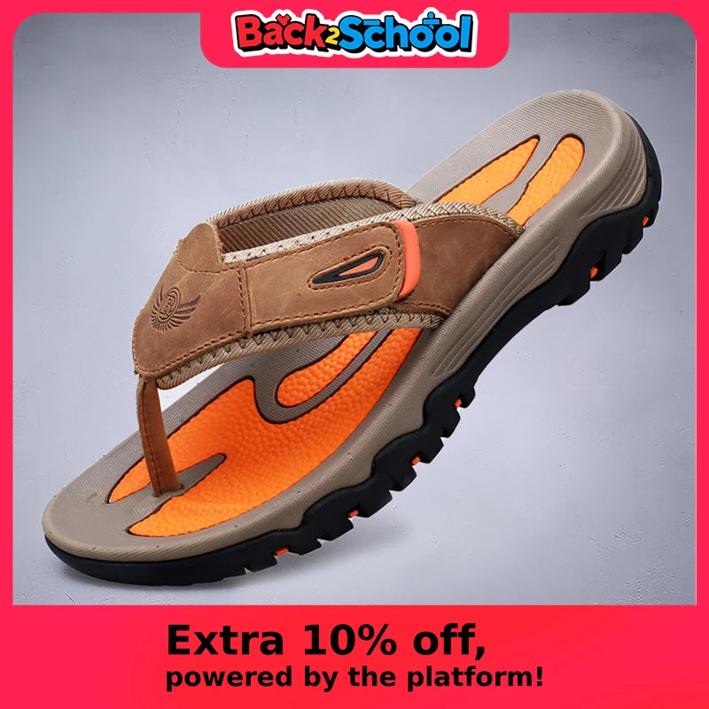 Men Cow Leather Beach Flip Flops Sandals