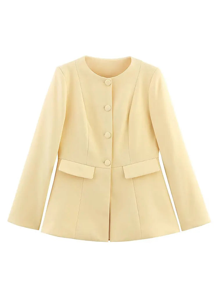 Elegant Yellow O-Neck Blazer Coat