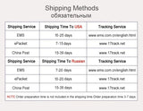 Table displaying shipping methods, times, and tracking services for USA and Russian destinations.