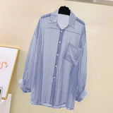 Lightweight sheer chiffon shirt in blue, featuring a loose fit and single-breasted front, ideal for spring and summer.