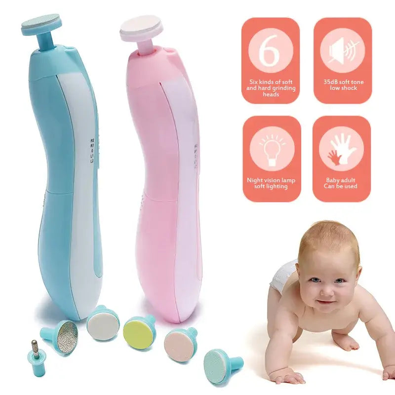 Baby electric nail trimmer set with soft grinding heads, features night vision lamp and low noise, ideal for infants.
