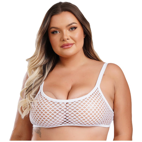 SheerCurvz™ plus size white fishnet camisole with spaghetti straps, designed for women seeking stylish crop tops.