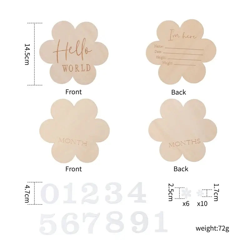 Wooden baby milestone set featuring flower-shaped cards for tracking baby's growth, includes 6 pieces packaged in a cloth bag.
