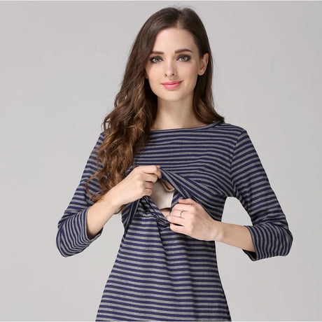 Postpartum nursing maternity dress with 3/4 sleeves, striped design, featuring breastfeeding access and natural colors.
