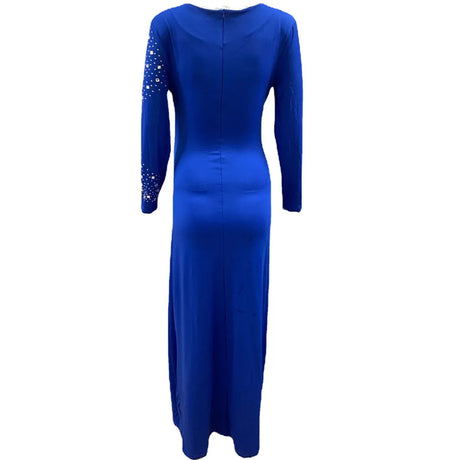 Elegant blue ankle-length maternity dress with full sleeves, perfect for summer photography and special occasions.