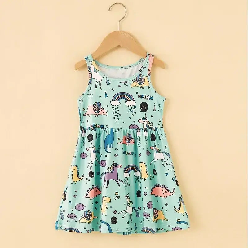 Cute summer dress for girls, sleeveless, featuring colorful unicorns and rainbows, perfect for ages 4-6.