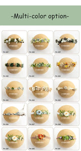 Collage of multi-color faux flower headbands for newborn girls, ideal for baby photography, adjustable bands.
