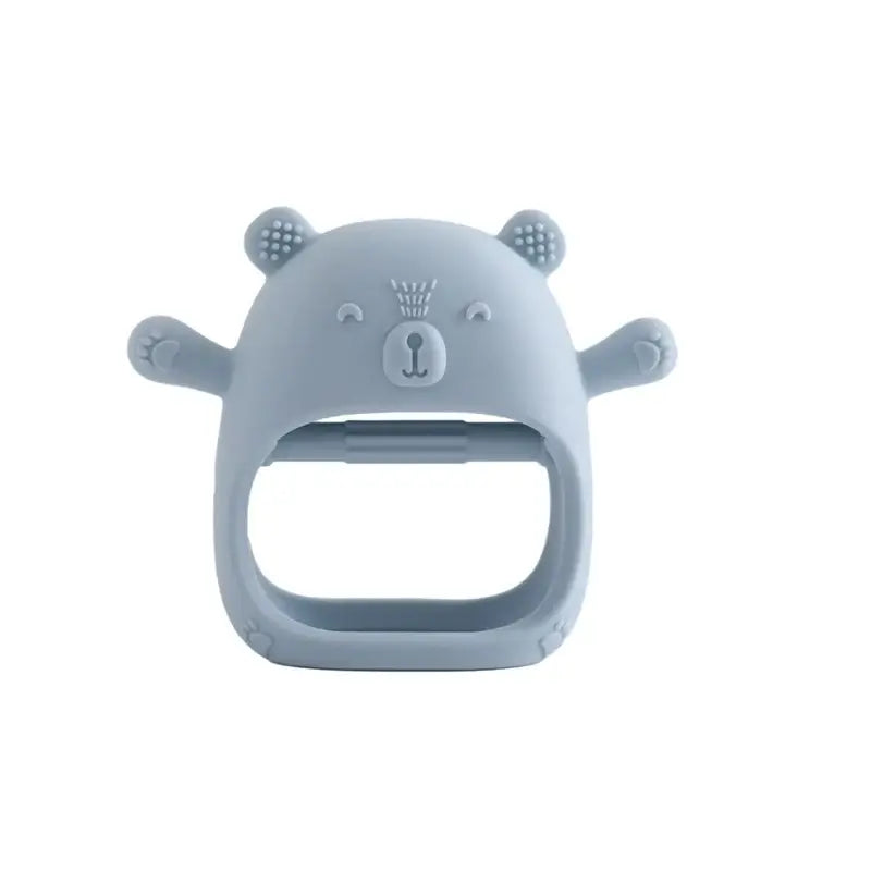 Soft blue silicone baby teether glove designed for infants, featuring a cute bear shape, safe and non-toxic for soothing gums.